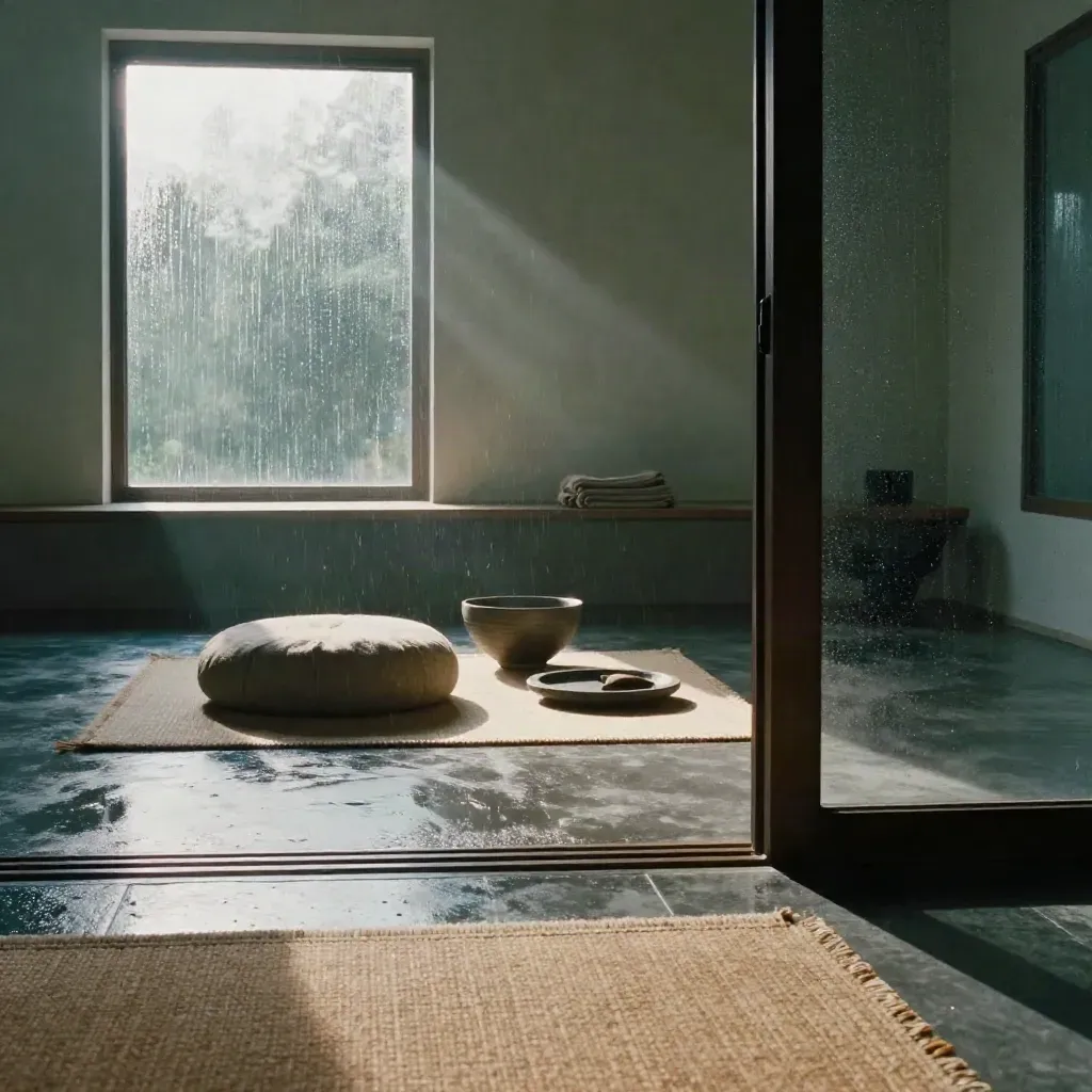 Estudio de mindfulness con esterilla de corcho, zafu, cuenco y manta, luz dramática tras la lluvia.