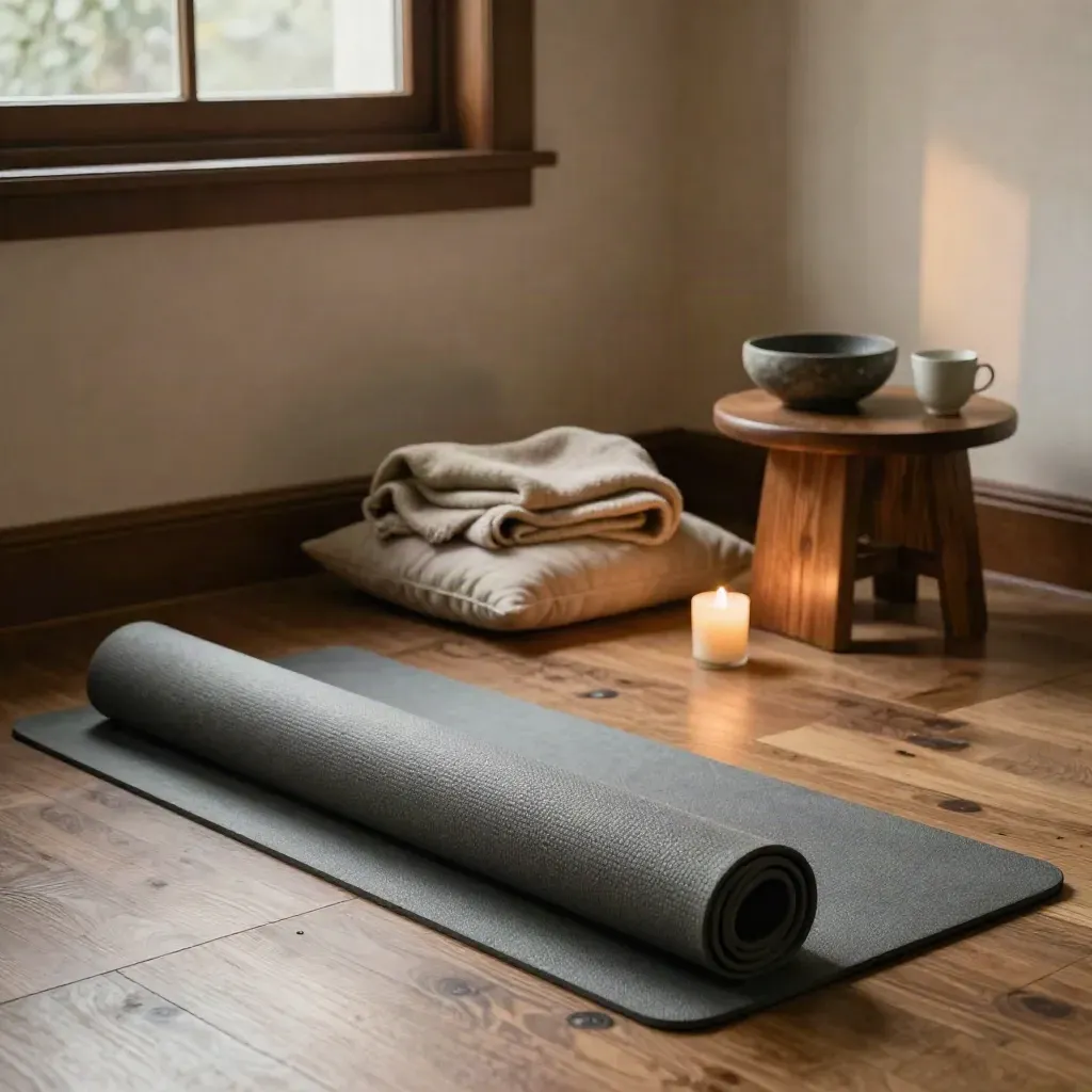Rincón de mindfulness con esterilla enrollada, cojín salvia, manta doblada y vela junto a una mesa de madera.