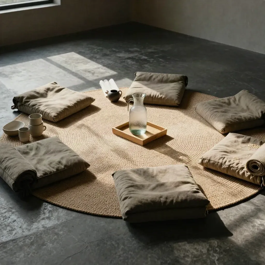 Sala de taller con seis cojines en círculo, jarra de agua y manta compartida sobre alfombra redonda.