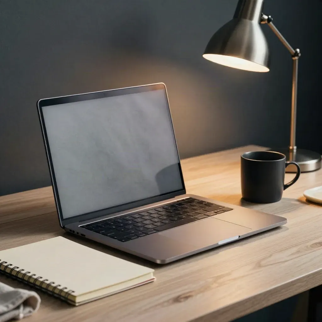 Mesa de trabajo ordenada con portátil cerrado, taza negra y lámpara en luz fría matinal.
