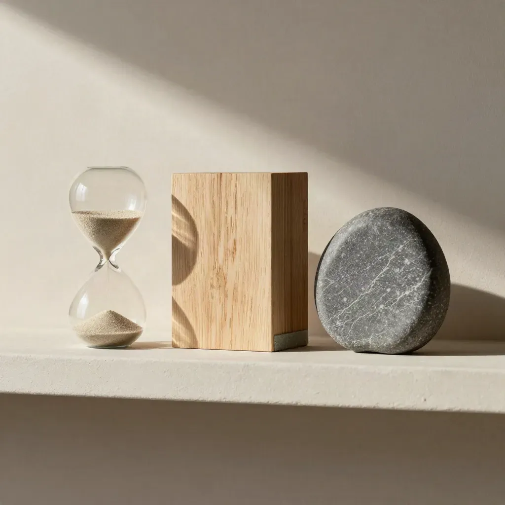 Reloj de arena, bloque de madera y piedra sobre repisa mate, luz suave lateral.