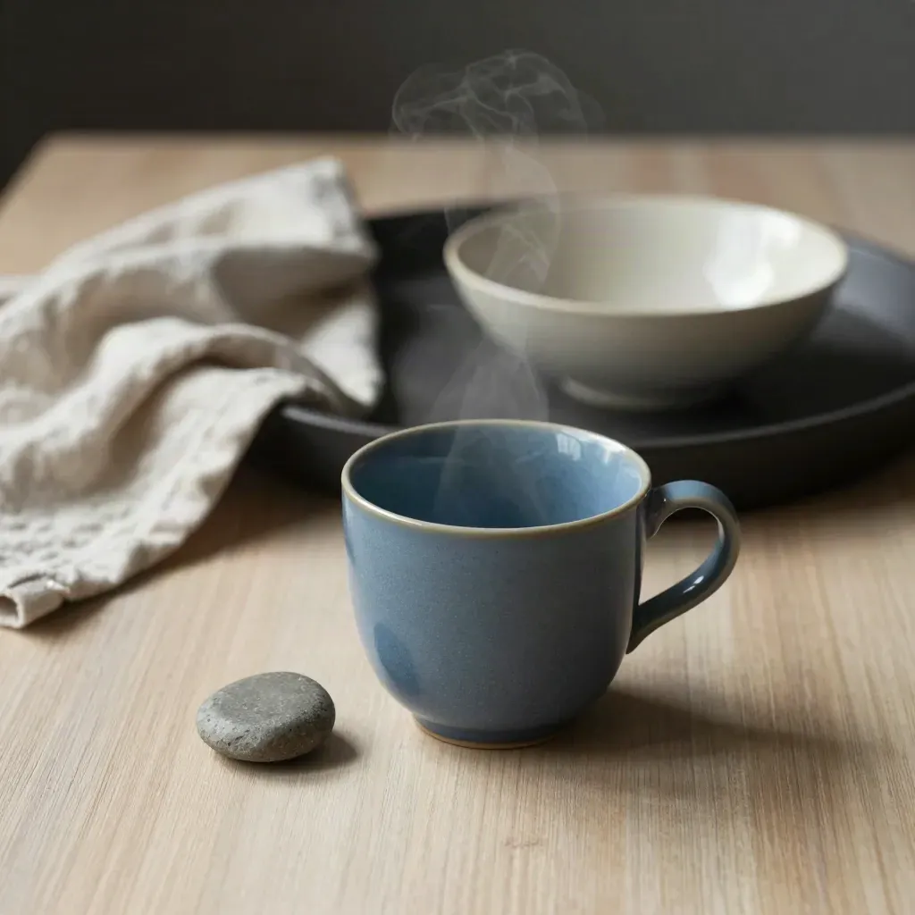 Taza azul petróleo, cuenco y piedra sobre bandeja oscura en luz suave sobre madera clara.