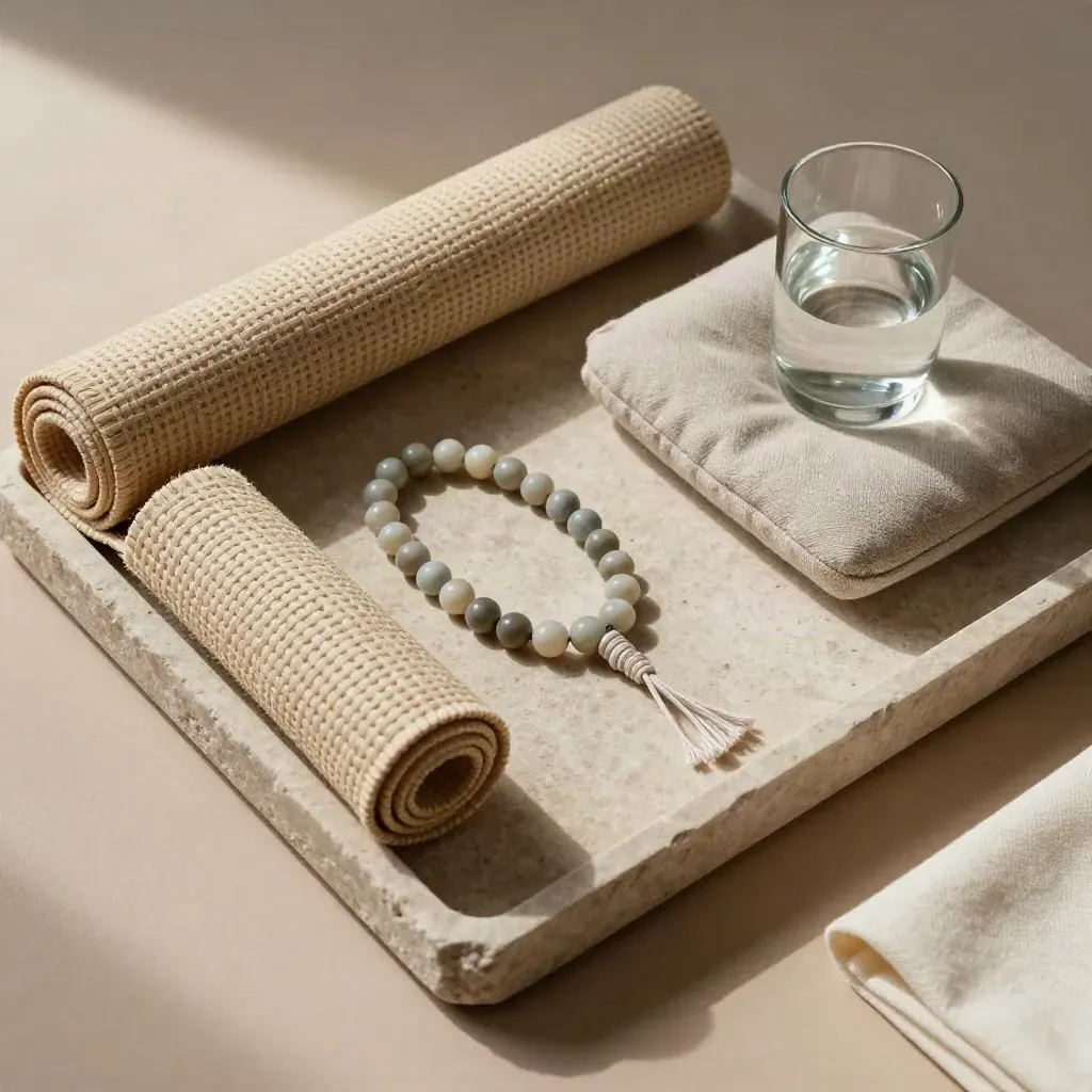 Kit de práctica en casa con mala, esterilla mini, cojín bajo y vaso de agua sobre bandeja de piedra.