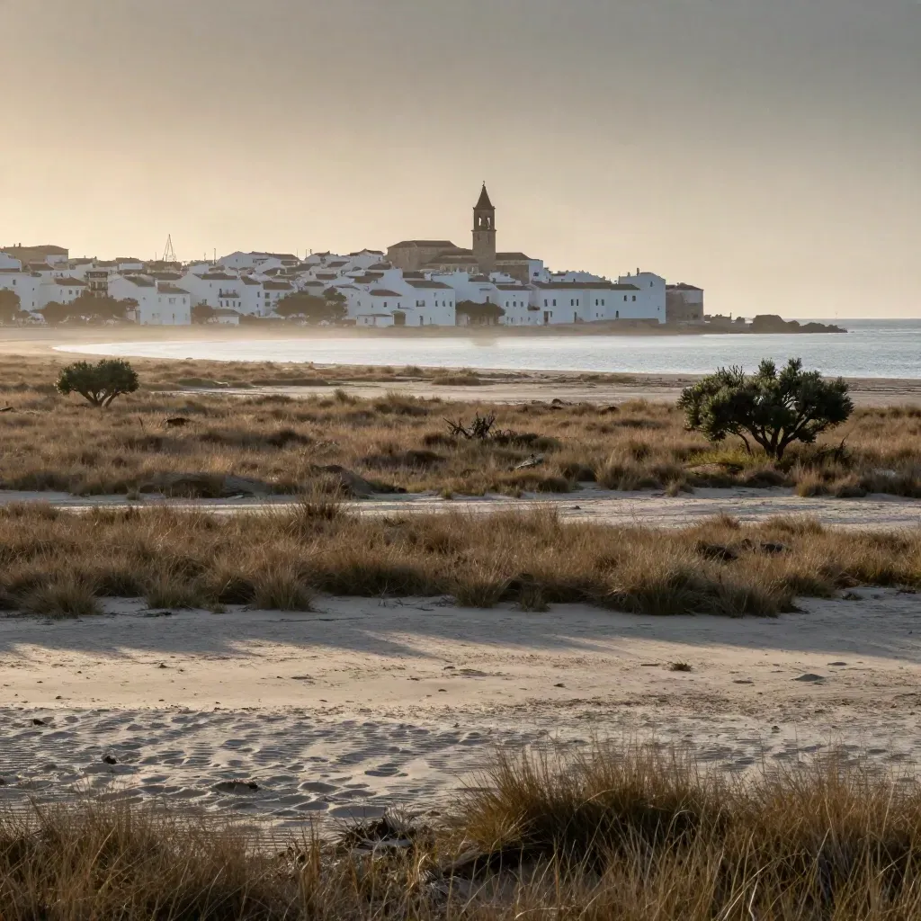 Costa valenciana al amanecer con agua quieta, marisma suave y arquitectura lejana en la cima.